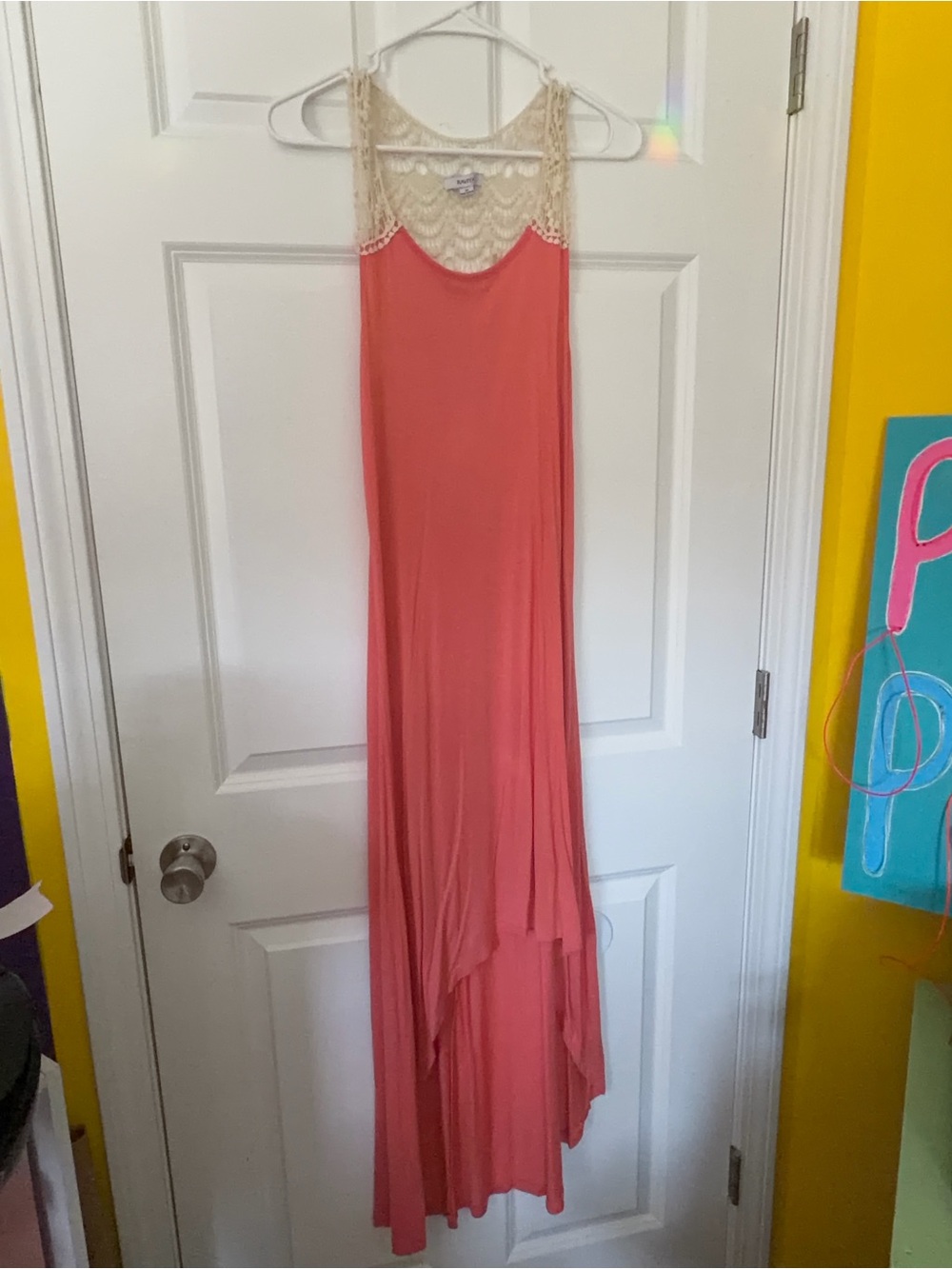 Raviya Coral Maxi Dress with Cream Lace Yoke
